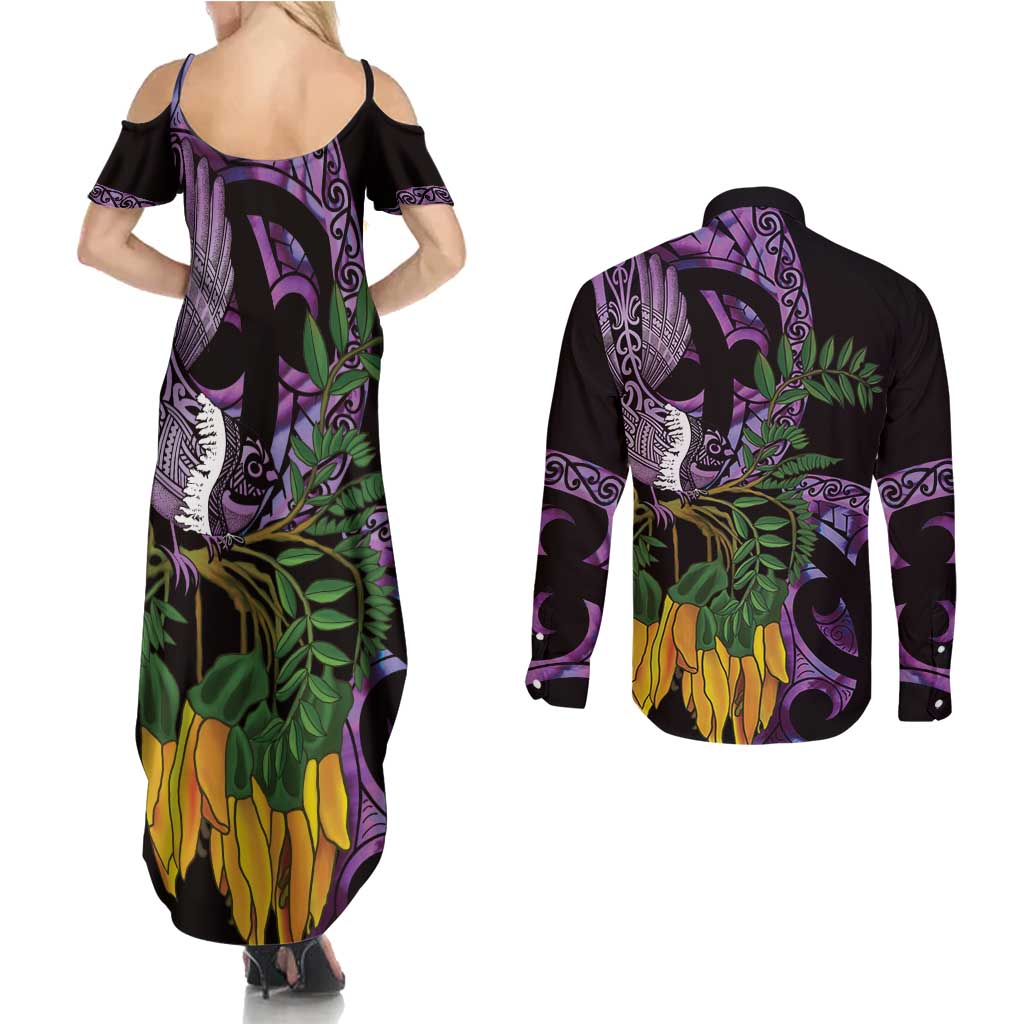 Purple New Zealand Kowhai And Piwakawaka Couples Matching Summer Maxi Dress and Long Sleeve Button Shirt Maori Ngaru Paua Shell LT14 - Polynesian Pride