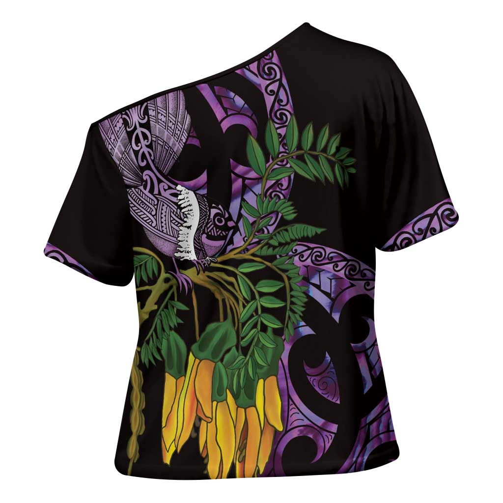 Purple New Zealand Kowhai And Piwakawaka Cross Shoulder Shirt Maori Ngaru Paua Shell - Polynesian Pride