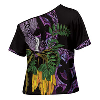 Purple New Zealand Kowhai And Piwakawaka Cross Shoulder Shirt Maori Ngaru Paua Shell - Polynesian Pride