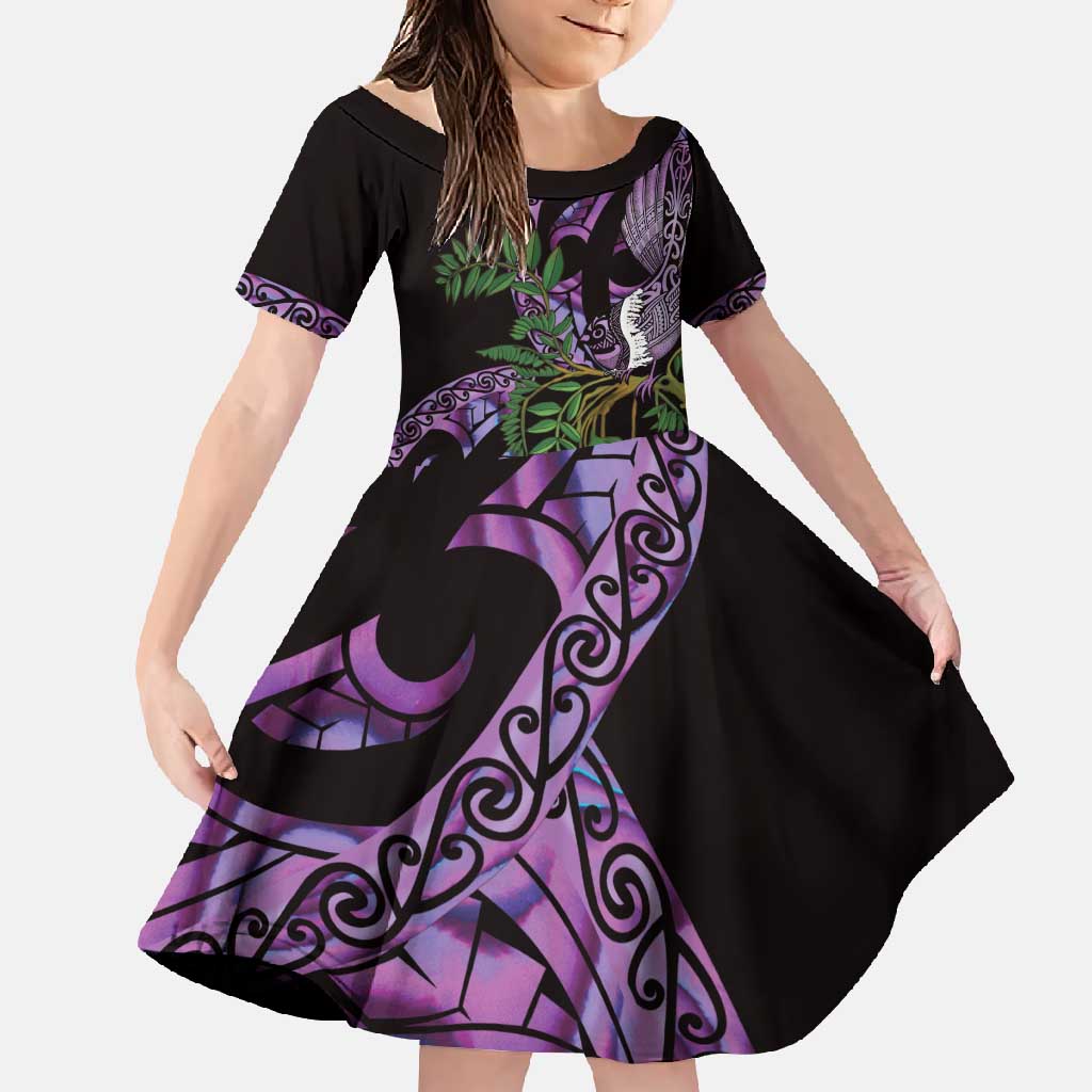Purple New Zealand Kowhai And Piwakawaka Family Matching Long Sleeve Bodycon Dress and Hawaiian Shirt Maori Ngaru Paua Shell LT14 Daughter's Dress Purple - Polynesian Pride