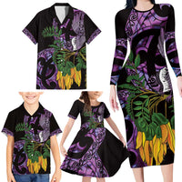 Purple New Zealand Kowhai And Piwakawaka Family Matching Long Sleeve Bodycon Dress and Hawaiian Shirt Maori Ngaru Paua Shell LT14 - Polynesian Pride