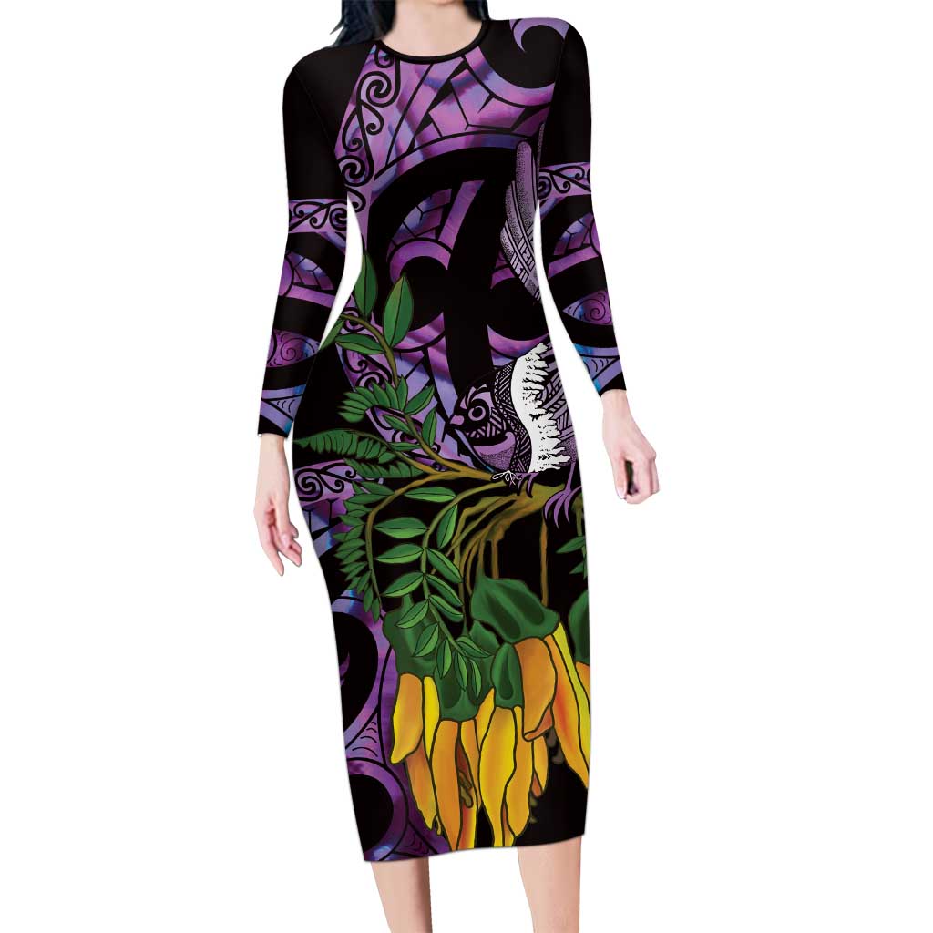 Purple New Zealand Kowhai And Piwakawaka Family Matching Long Sleeve Bodycon Dress and Hawaiian Shirt Maori Ngaru Paua Shell LT14 Mom's Dress Purple - Polynesian Pride