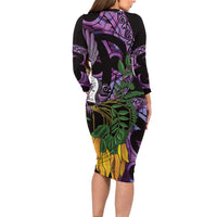 Purple New Zealand Kowhai And Piwakawaka Family Matching Long Sleeve Bodycon Dress and Hawaiian Shirt Maori Ngaru Paua Shell LT14 - Polynesian Pride