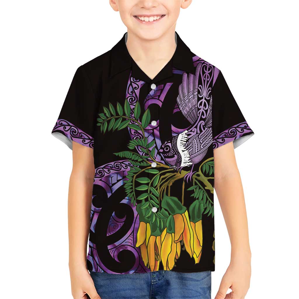 Purple New Zealand Kowhai And Piwakawaka Family Matching Long Sleeve Bodycon Dress and Hawaiian Shirt Maori Ngaru Paua Shell LT14 Son's Shirt Purple - Polynesian Pride