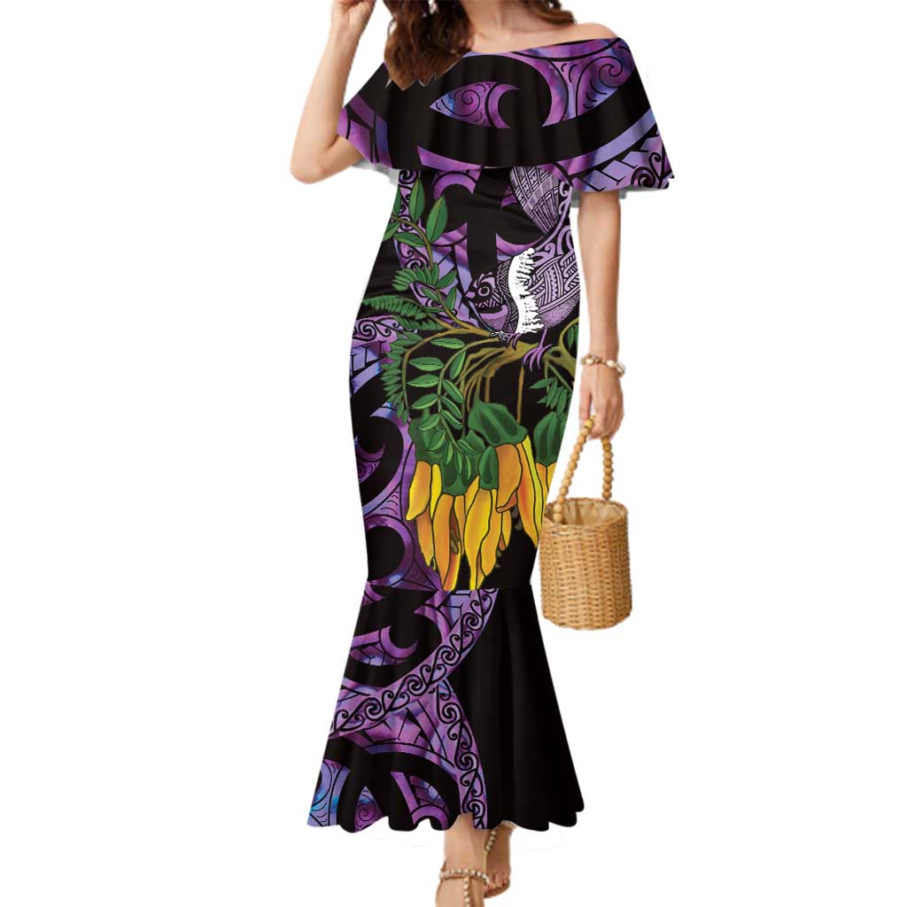 Purple New Zealand Kowhai And Piwakawaka Family Matching Mermaid Dress and Hawaiian Shirt Maori Ngaru Paua Shell LT14 Mom's Dress Purple - Polynesian Pride
