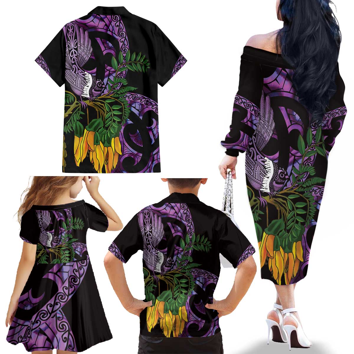Purple New Zealand Kowhai And Piwakawaka Family Matching Off The Shoulder Long Sleeve Dress and Hawaiian Shirt Maori Ngaru Paua Shell LT14 - Polynesian Pride
