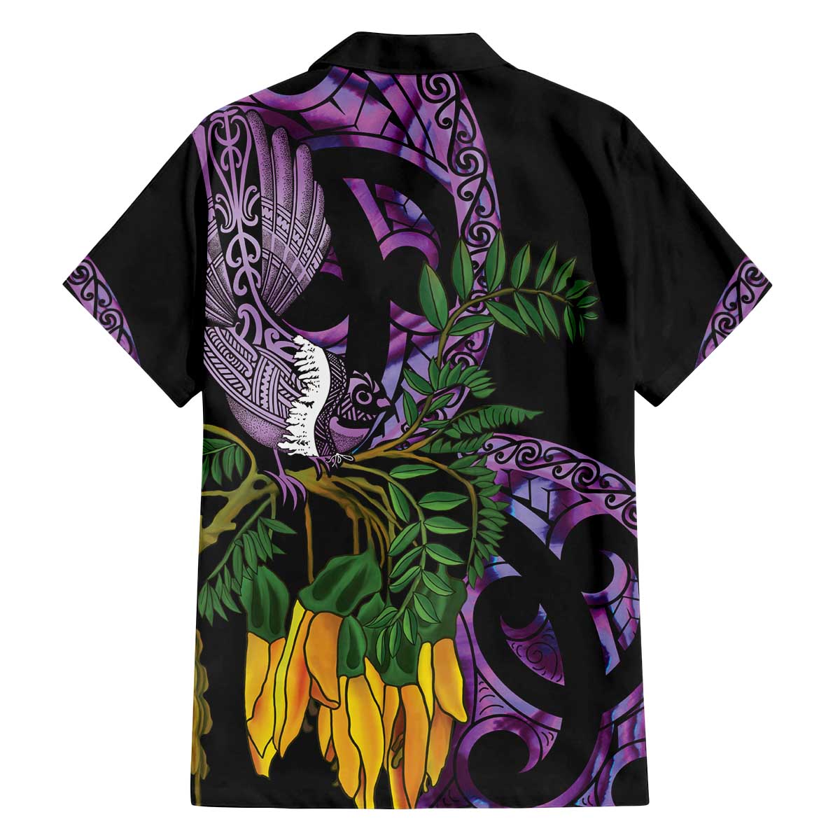 Purple New Zealand Kowhai And Piwakawaka Family Matching Off The Shoulder Long Sleeve Dress and Hawaiian Shirt Maori Ngaru Paua Shell LT14 - Polynesian Pride