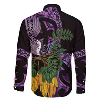 Purple New Zealand Kowhai And Piwakawaka Family Matching Off The Shoulder Long Sleeve Dress and Hawaiian Shirt Maori Ngaru Paua Shell LT14 - Polynesian Pride