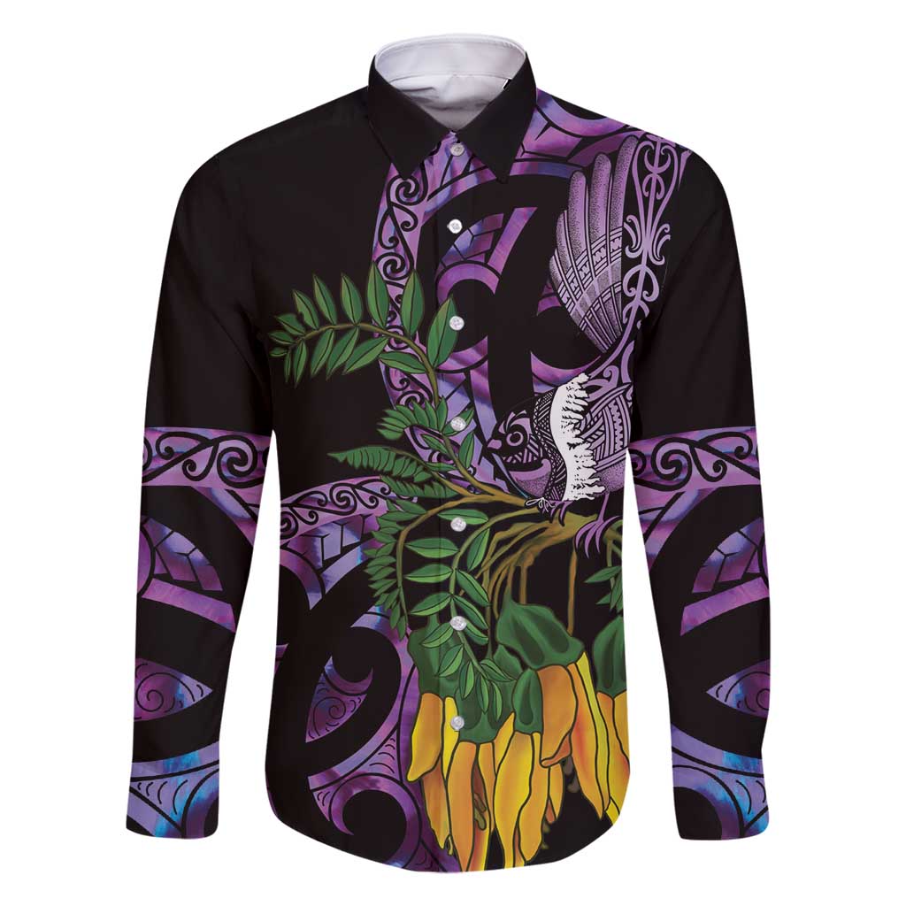 Purple New Zealand Kowhai And Piwakawaka Family Matching Off Shoulder Short Dress and Hawaiian Shirt Maori Ngaru Paua Shell