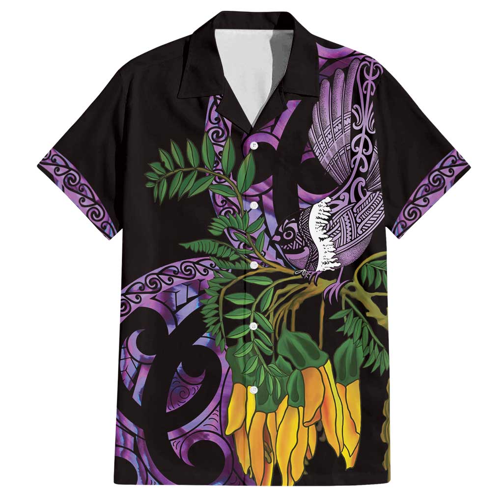 Purple New Zealand Kowhai And Piwakawaka Family Matching Puletasi and Hawaiian Shirt Maori Ngaru Paua Shell LT14 Dad's Shirt - Short Sleeve Purple - Polynesian Pride