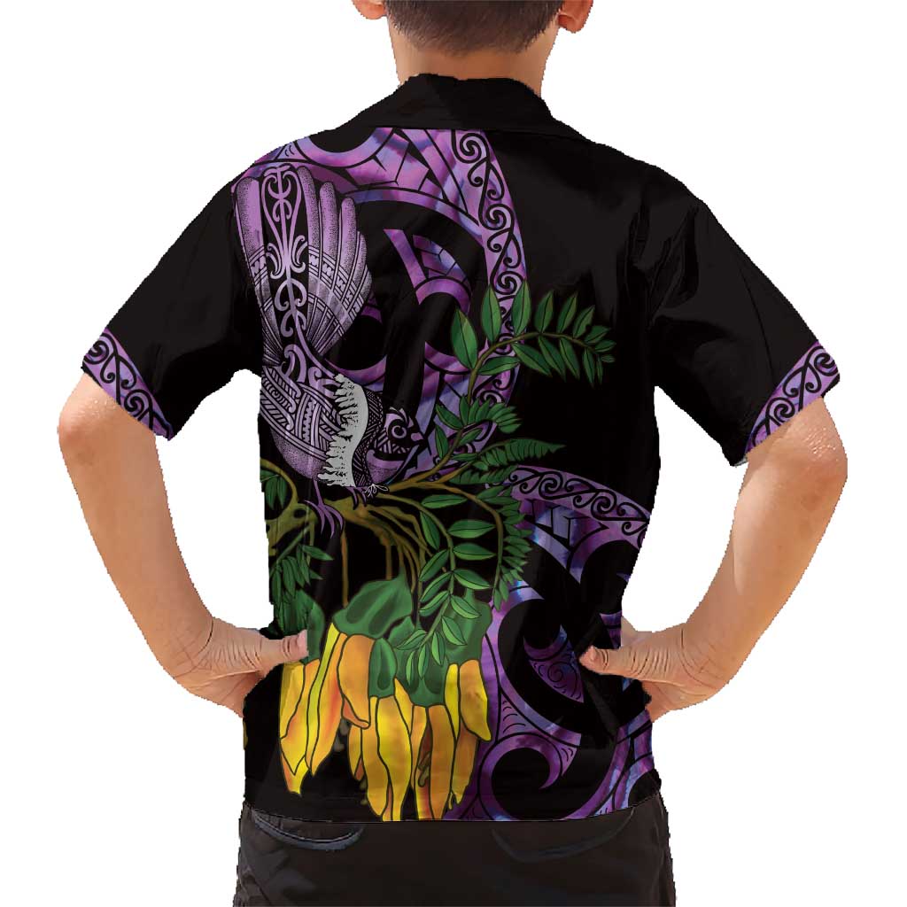Purple New Zealand Kowhai And Piwakawaka Family Matching Short Sleeve Bodycon Dress and Hawaiian Shirt Maori Ngaru Paua Shell LT14 - Polynesian Pride