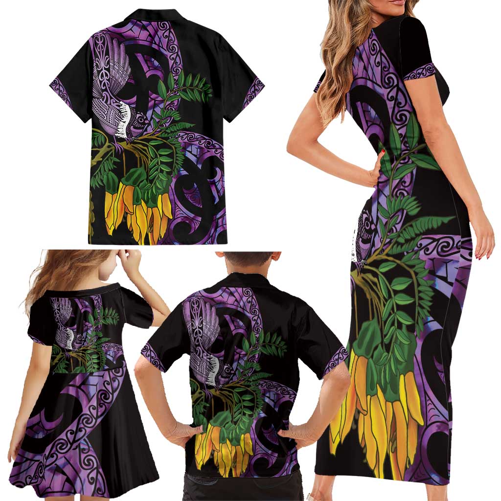 Purple New Zealand Kowhai And Piwakawaka Family Matching Short Sleeve Bodycon Dress and Hawaiian Shirt Maori Ngaru Paua Shell LT14 - Polynesian Pride