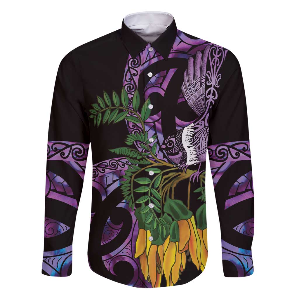 Purple New Zealand Kowhai And Piwakawaka Family Matching Short Sleeve Bodycon Dress and Hawaiian Shirt Maori Ngaru Paua Shell LT14 Dad's Shirt - Long Sleeve Purple - Polynesian Pride