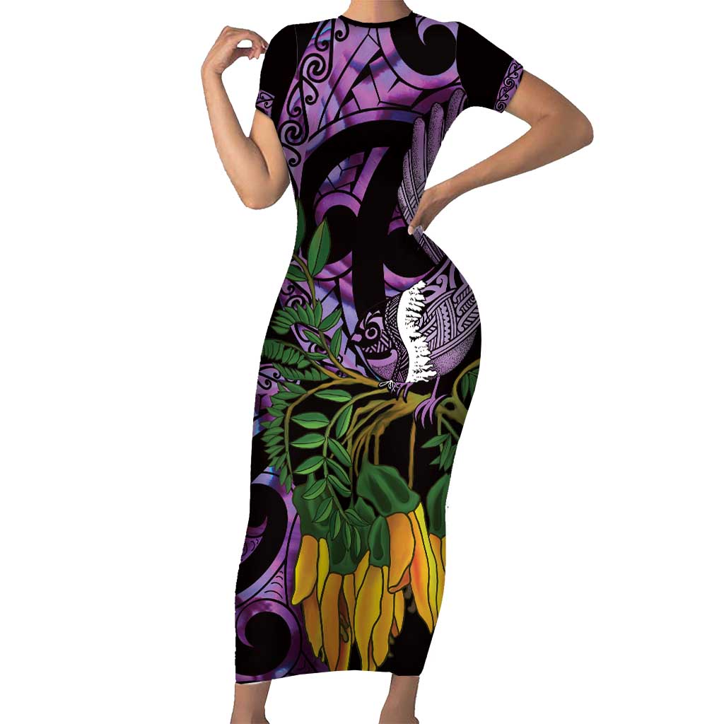 Purple New Zealand Kowhai And Piwakawaka Family Matching Short Sleeve Bodycon Dress and Hawaiian Shirt Maori Ngaru Paua Shell LT14 Mom's Dress Purple - Polynesian Pride