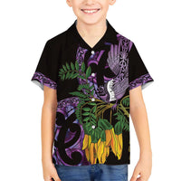 Purple New Zealand Kowhai And Piwakawaka Family Matching Short Sleeve Bodycon Dress and Hawaiian Shirt Maori Ngaru Paua Shell LT14 Son's Shirt Purple - Polynesian Pride