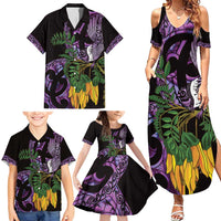 Purple New Zealand Kowhai And Piwakawaka Family Matching Summer Maxi Dress and Hawaiian Shirt Maori Ngaru Paua Shell