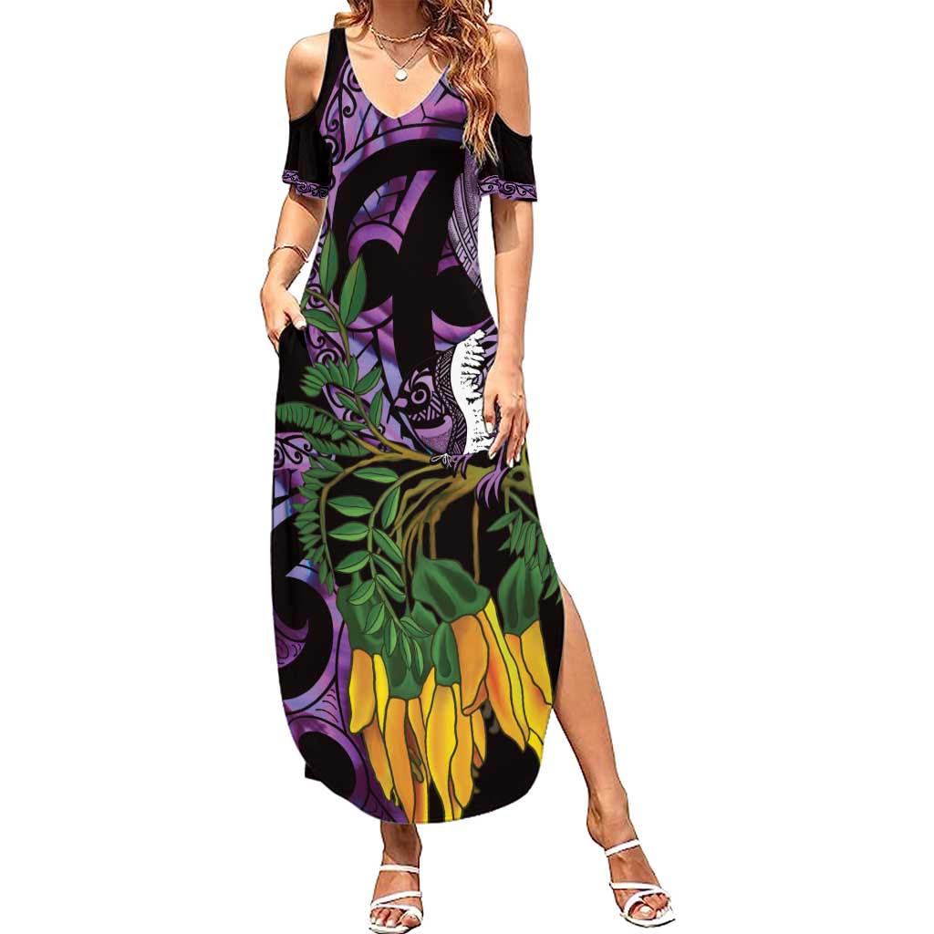 Purple New Zealand Kowhai And Piwakawaka Family Matching Summer Maxi Dress and Hawaiian Shirt Maori Ngaru Paua Shell
