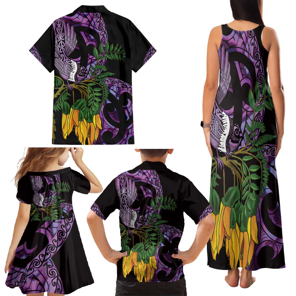 Purple New Zealand Kowhai And Piwakawaka Family Matching Tank Maxi Dress and Hawaiian Shirt Maori Ngaru Paua Shell