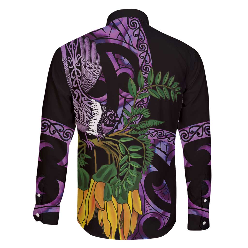 Purple New Zealand Kowhai And Piwakawaka Family Matching Tank Maxi Dress and Hawaiian Shirt Maori Ngaru Paua Shell