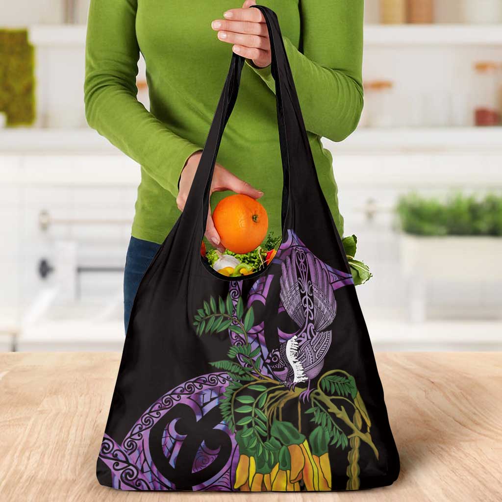 Purple New Zealand Kowhai And Piwakawaka Grocery Bag Maori Ngaru Paua Shell