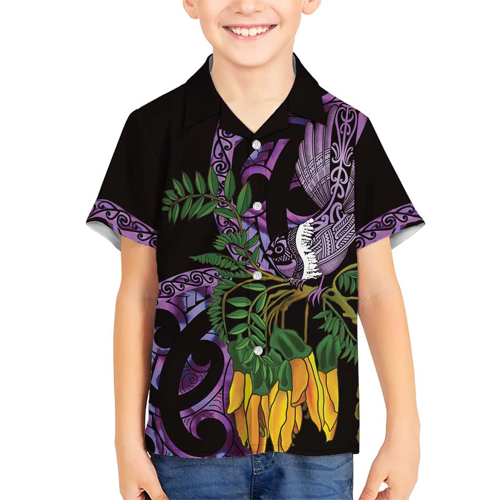 Purple New Zealand Kowhai And Piwakawaka Hawaiian Shirt Maori Ngaru Paua Shell
