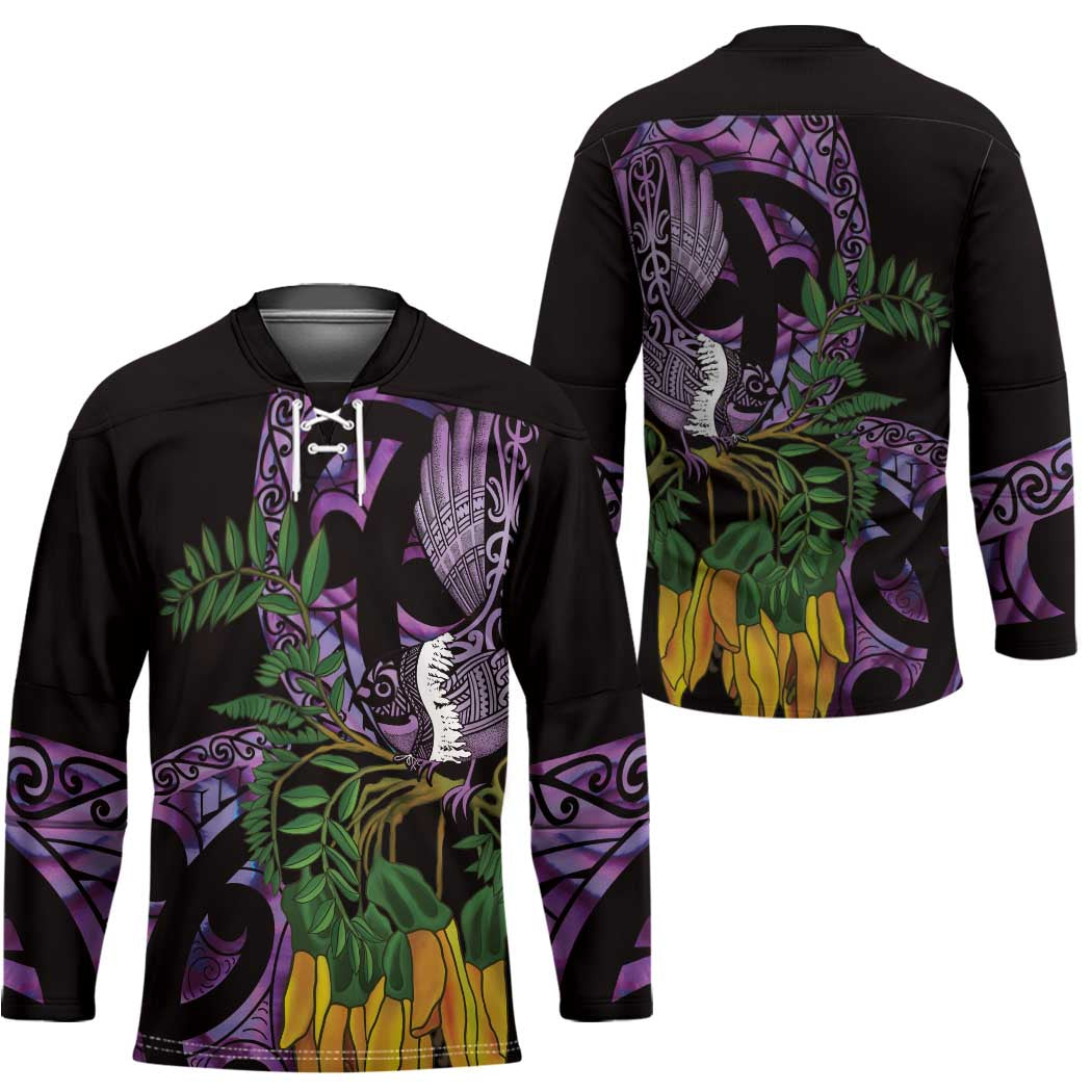 Purple New Zealand Kowhai And Piwakawaka Hockey Jersey Maori Ngaru Paua Shell - Polynesian Pride