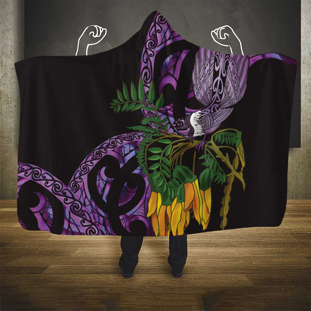 Purple New Zealand Kowhai And Piwakawaka Hooded Blanket Maori Ngaru Paua Shell