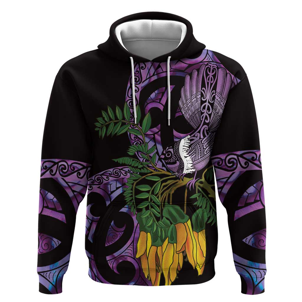 Purple New Zealand Kowhai And Piwakawaka Hoodie Maori Ngaru Paua Shell