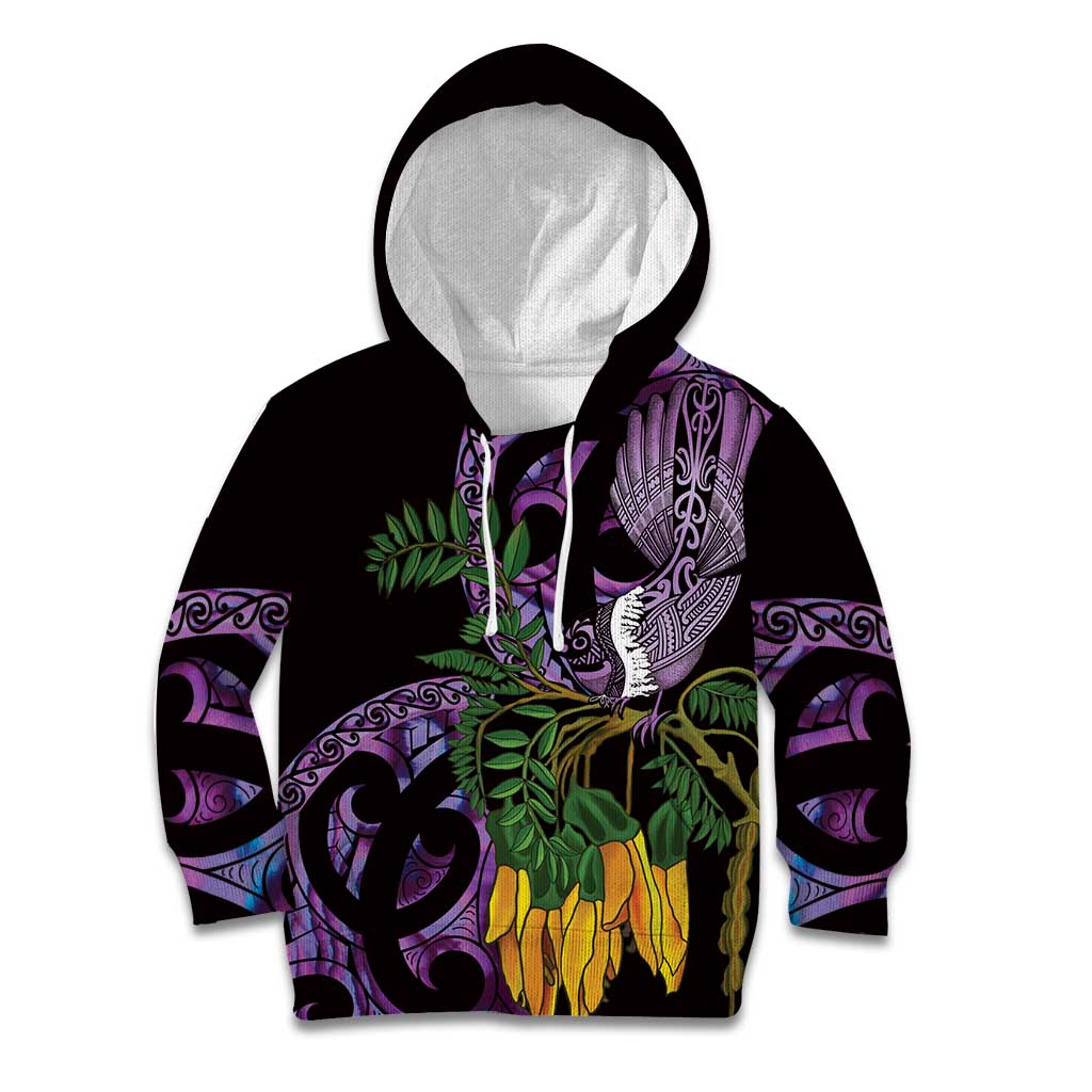 Purple New Zealand Kowhai And Piwakawaka Kid Hoodie Maori Ngaru Paua Shell