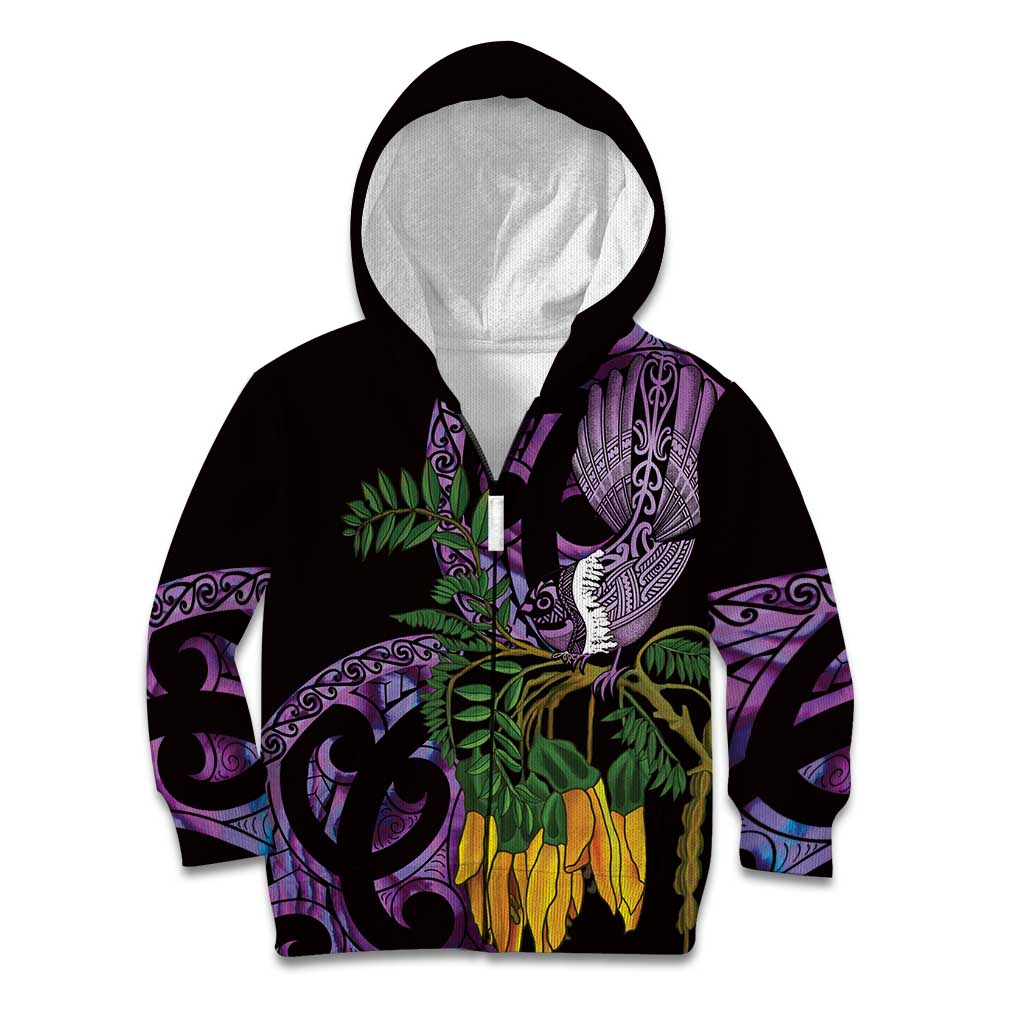 Purple New Zealand Kowhai And Piwakawaka Kid Hoodie Maori Ngaru Paua Shell
