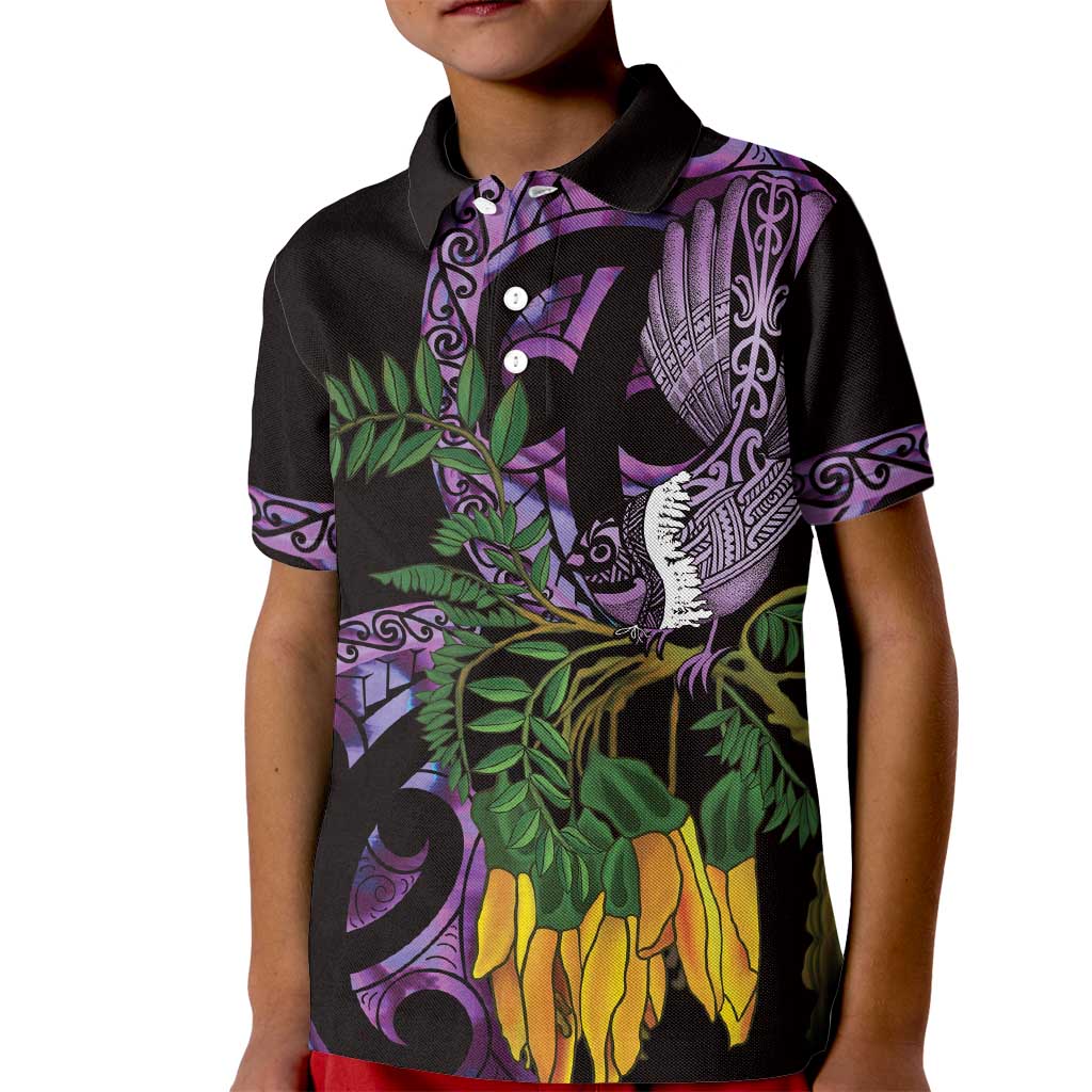 Purple New Zealand Kowhai And Piwakawaka Kid Polo Shirt Maori Ngaru Paua Shell