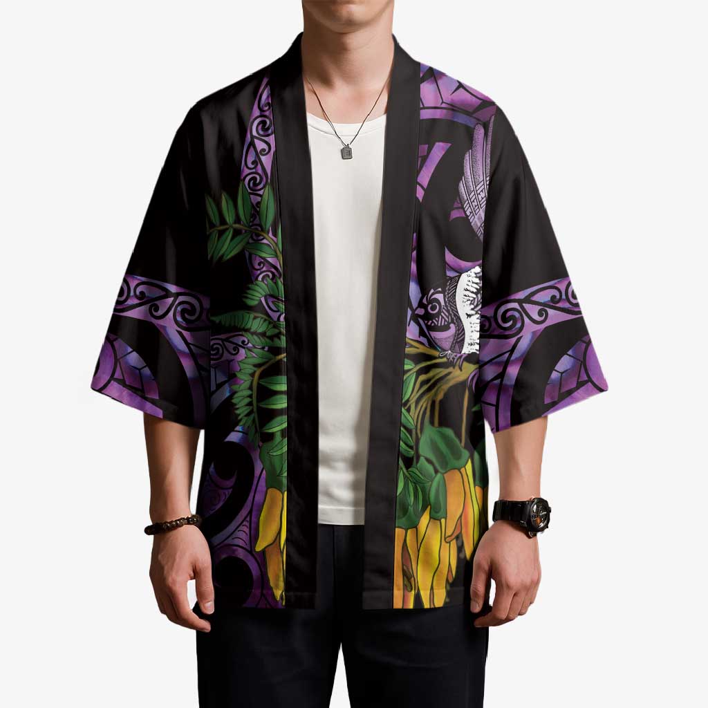 Purple New Zealand Kowhai And Piwakawaka Kimono Maori Ngaru Paua Shell - Polynesian Pride