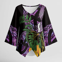 Purple New Zealand Kowhai And Piwakawaka Kimono Sleeve Blouse Maori Ngaru Paua Shell - Polynesian Pride