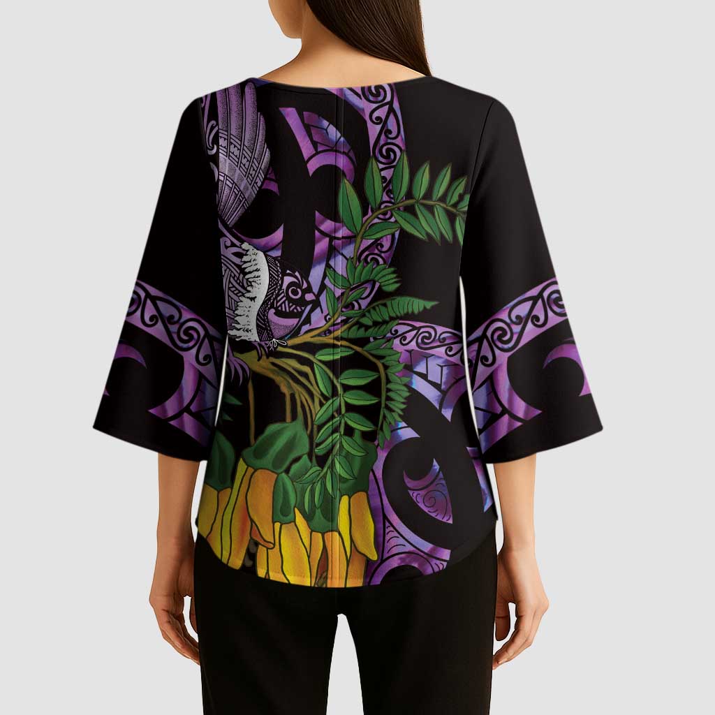 Purple New Zealand Kowhai And Piwakawaka Kimono Sleeve Blouse Maori Ngaru Paua Shell - Polynesian Pride
