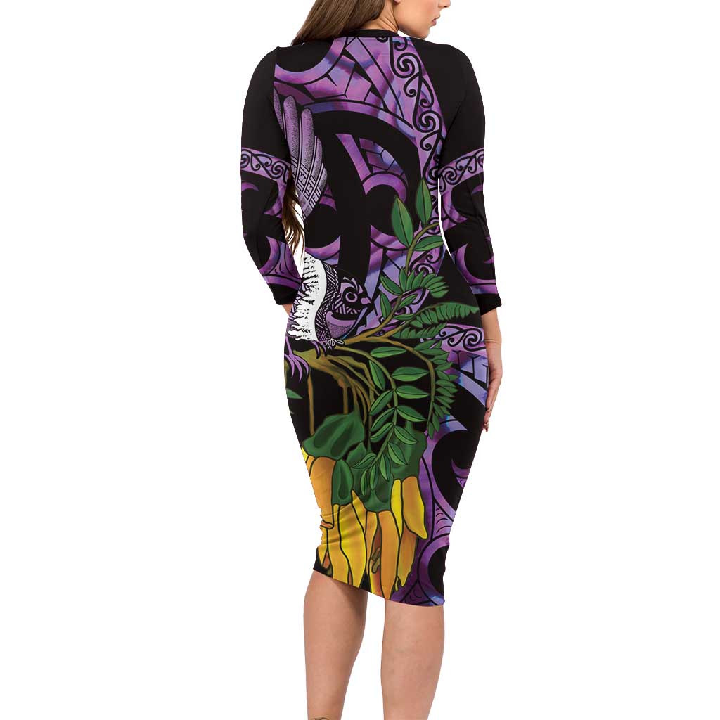 Purple New Zealand Kowhai And Piwakawaka Long Sleeve Bodycon Dress Maori Ngaru Paua Shell LT14 - Polynesian Pride