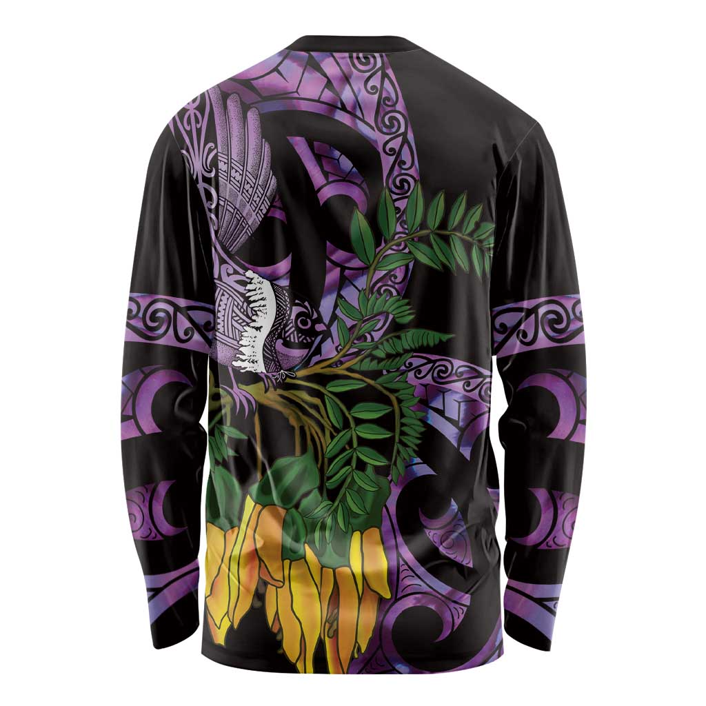 Purple New Zealand Kowhai And Piwakawaka Long Sleeve Shirt Maori Ngaru Paua Shell LT14 - Polynesian Pride