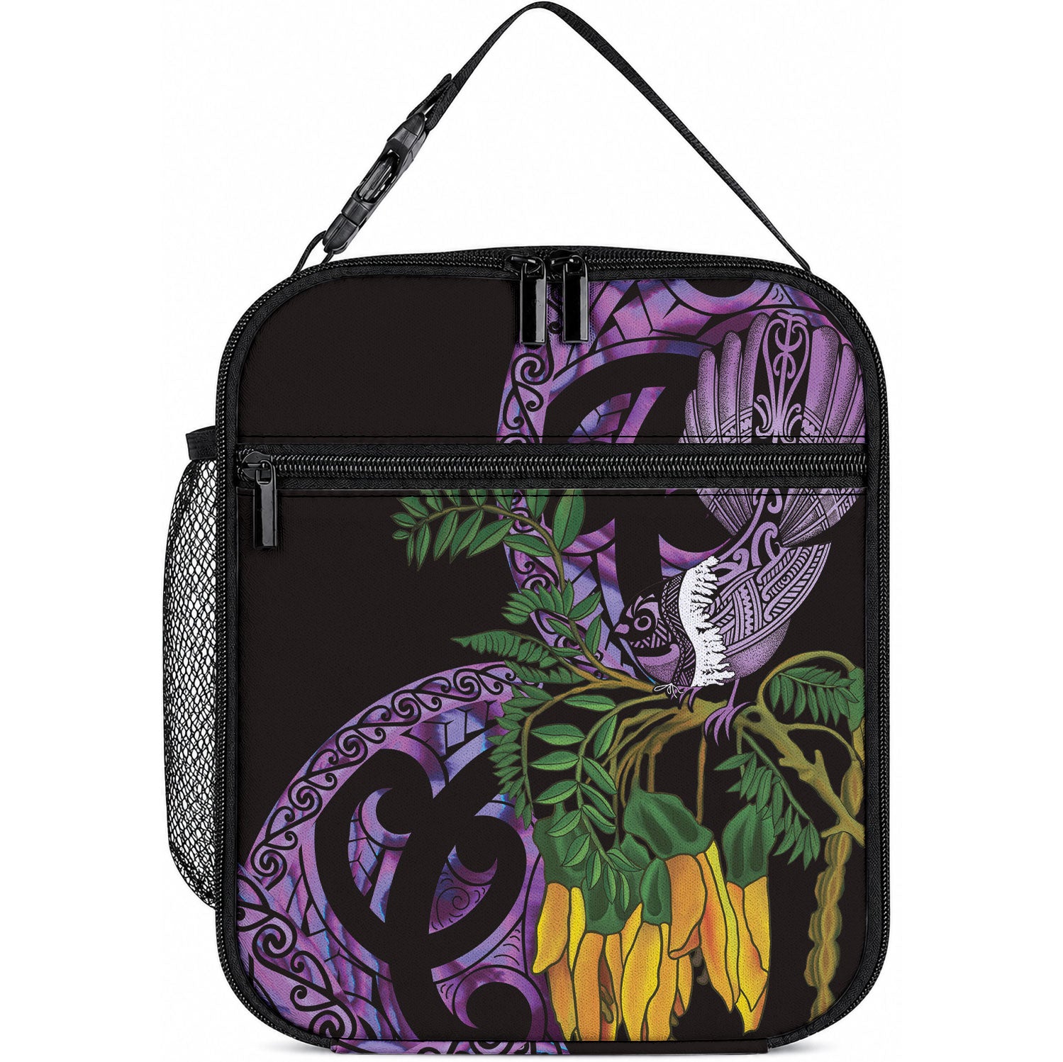 Purple New Zealand Kowhai And Piwakawaka Lunch Bag Maori Ngaru Paua Shell LT14 10.2 × 8.3 × 4.3 inch Purple - Polynesian Pride