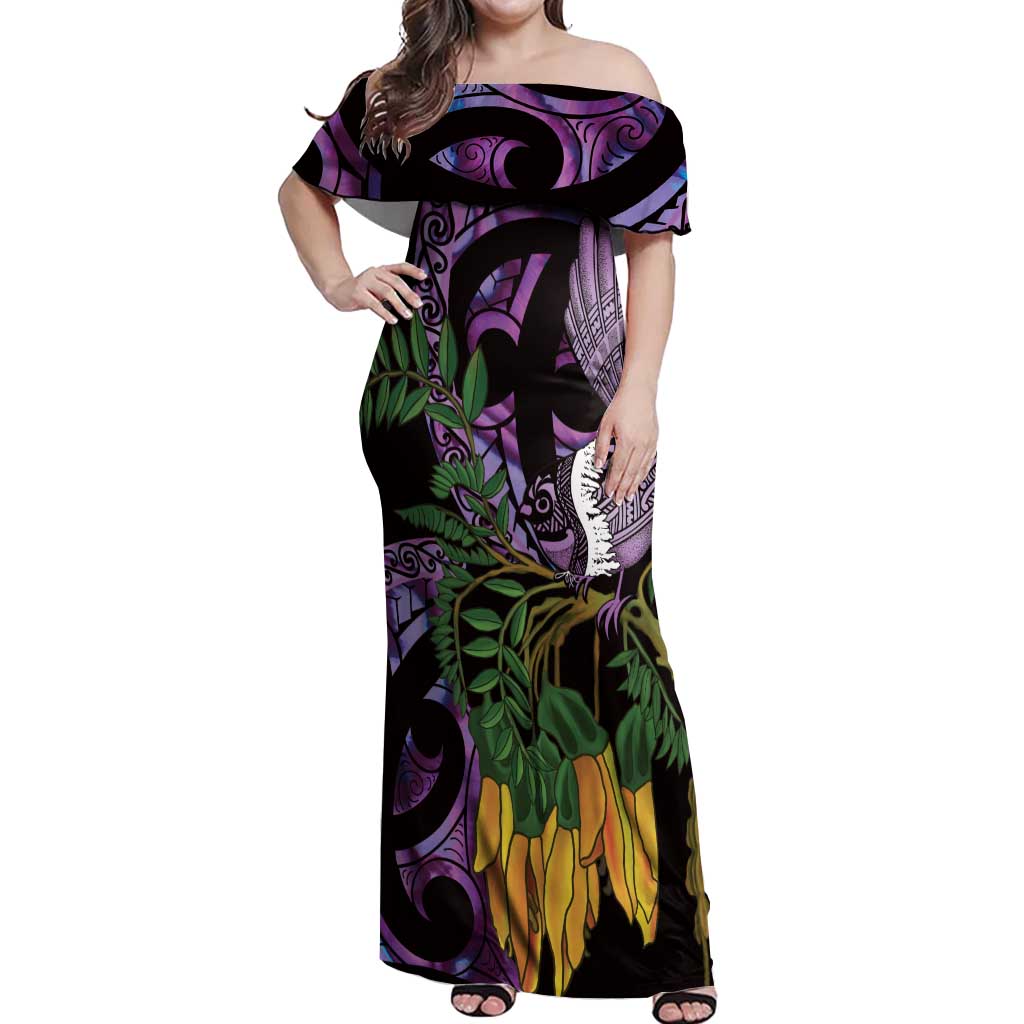Purple New Zealand Kowhai And Piwakawaka Off Shoulder Maxi Dress Maori Ngaru Paua Shell LT14 Women Purple - Polynesian Pride