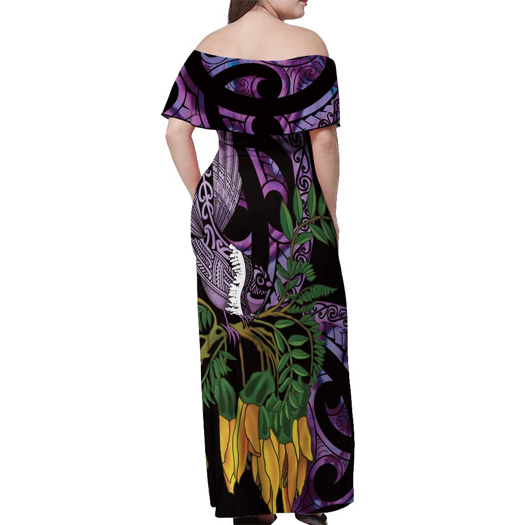 Purple New Zealand Kowhai And Piwakawaka Off Shoulder Maxi Dress Maori Ngaru Paua Shell LT14 - Polynesian Pride