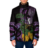 Purple New Zealand Kowhai And Piwakawaka Padded Jacket Maori Ngaru Paua Shell - Polynesian Pride