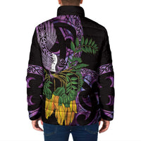 Purple New Zealand Kowhai And Piwakawaka Padded Jacket Maori Ngaru Paua Shell - Polynesian Pride