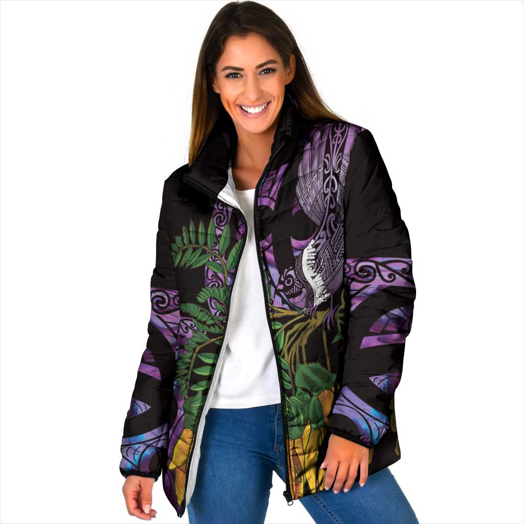 Purple New Zealand Kowhai And Piwakawaka Padded Jacket Maori Ngaru Paua Shell - Polynesian Pride