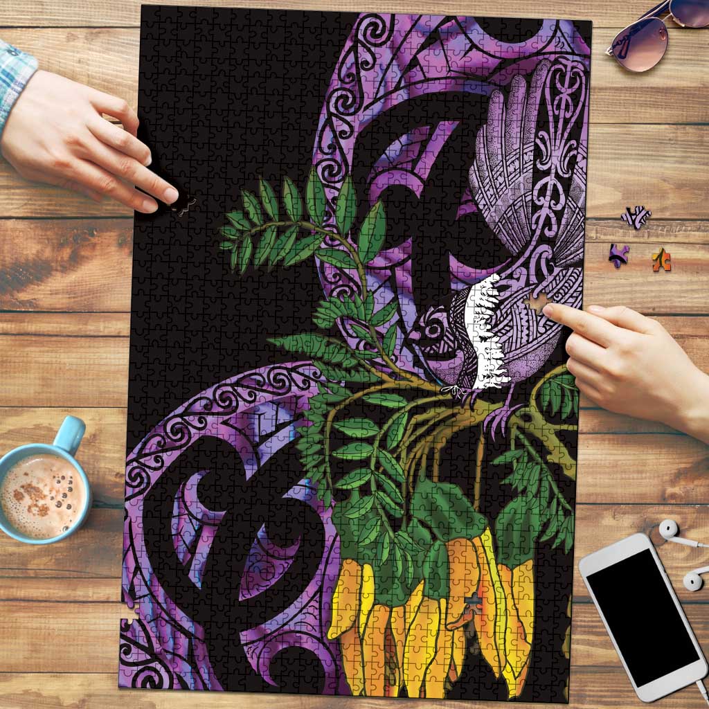 Purple New Zealand Kowhai And Piwakawaka Puzzle Maori Ngaru Paua Shell - Polynesian Pride