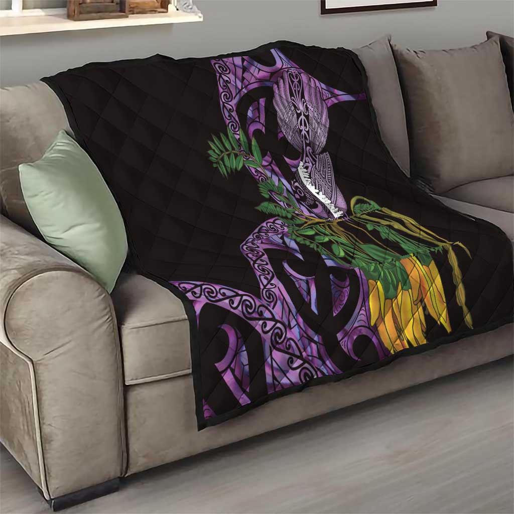 Purple New Zealand Kowhai And Piwakawaka Quilt Maori Ngaru Paua Shell LT14 - Polynesian Pride