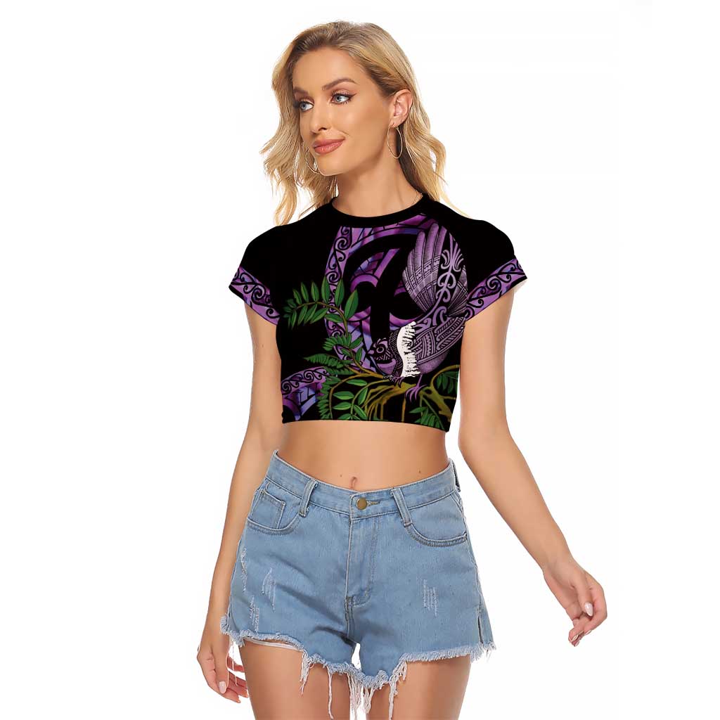 Purple New Zealand Kowhai And Piwakawaka Raglan Cropped T Shirt Maori Ngaru Paua Shell LT14 Female Purple - Polynesian Pride