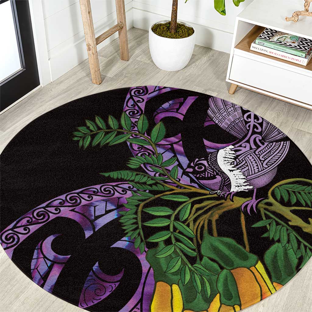 Purple New Zealand Kowhai And Piwakawaka Round Carpet Maori Ngaru Paua Shell LT14 Purple - Polynesian Pride