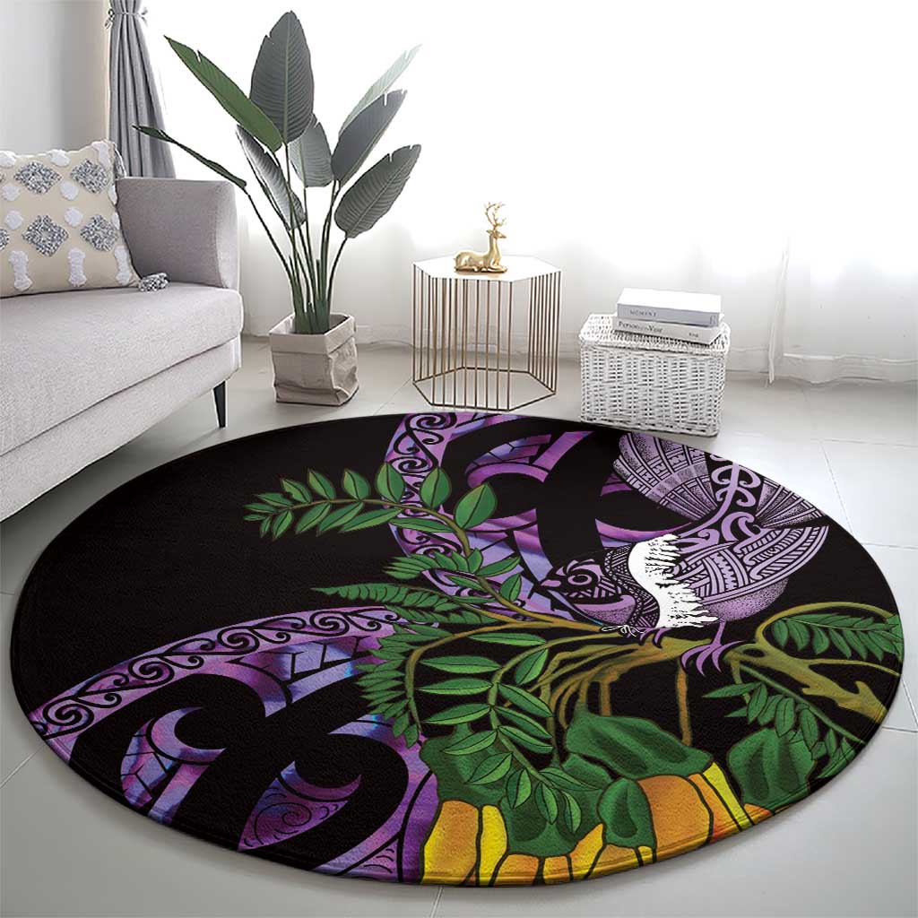 Purple New Zealand Kowhai And Piwakawaka Round Carpet Maori Ngaru Paua Shell LT14 - Polynesian Pride