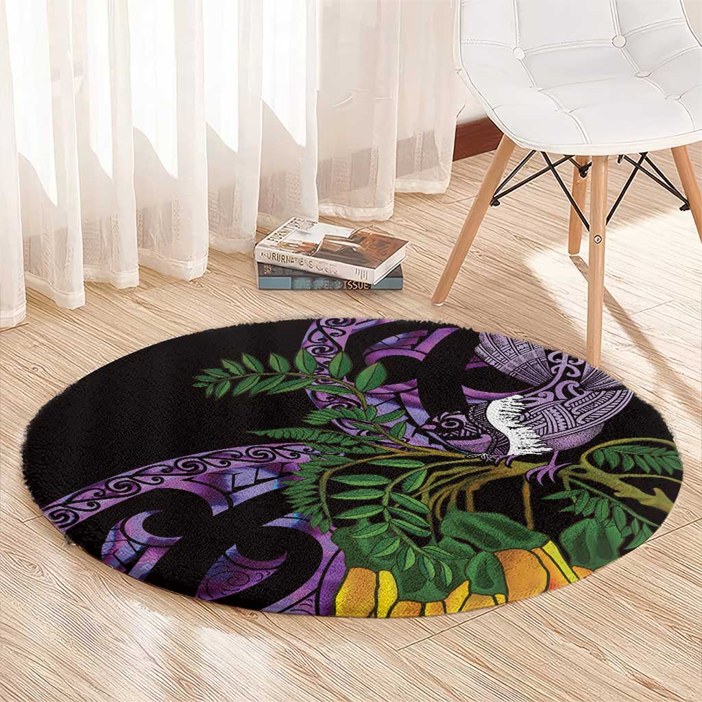 Purple New Zealand Kowhai And Piwakawaka Round Carpet Maori Ngaru Paua Shell LT14 - Polynesian Pride
