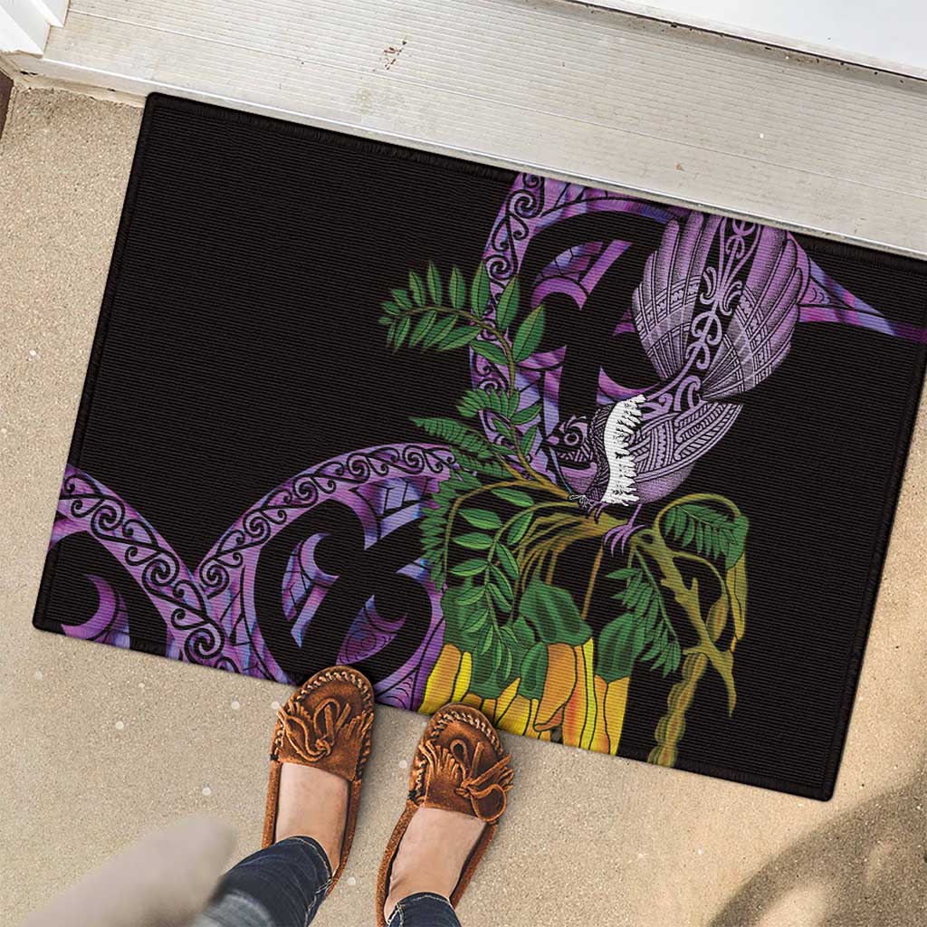 Purple New Zealand Kowhai And Piwakawaka Rubber Doormat Maori Ngaru Paua Shell LT14 - Polynesian Pride