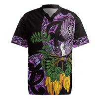 Purple New Zealand Kowhai And Piwakawaka Rugby Jersey Maori Ngaru Paua Shell